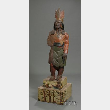 Polychrome Painted Carved Wooden Indian Tobacconist Figure