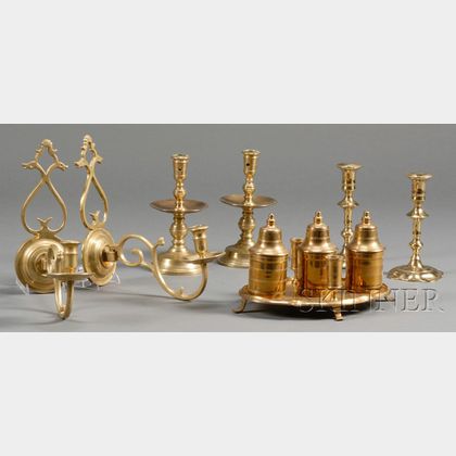 Six Reproduction Early Brass Lighting Devices and a Brass Inkstand