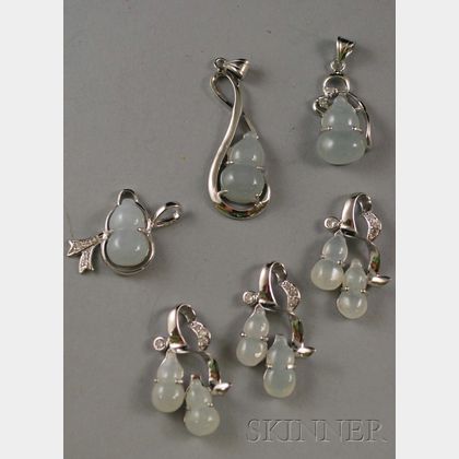 Six Sterling Silver, Jade, and Rhinestone Double Gourd Pendants. 