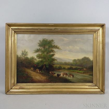American School, 19th Century Landscape with Cattle Watering