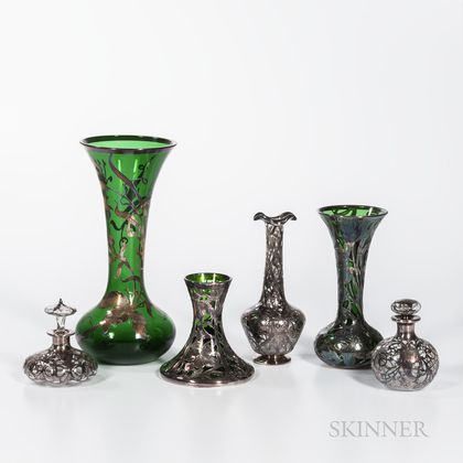Six Silver Overlay Glass Items