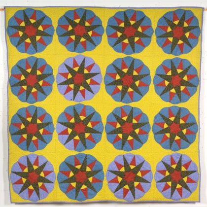 Pieced and Appliqued Cotton Pennsylvania German Mariner's Compass Quilt, Lancaster County, c. 1885