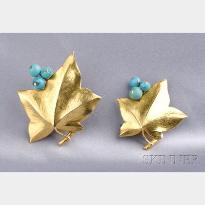 Pair of 18kt Gold and Turquoise Dress Clips, Cartier, 