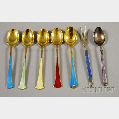 Seven Small Guilloche Enameled Sterling Silver Flatware Items