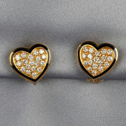 18kt Gold, Diamond, and Enamel Heart Earclips
