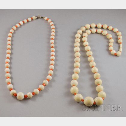 Two Ivory and Coral Beaded Necklaces