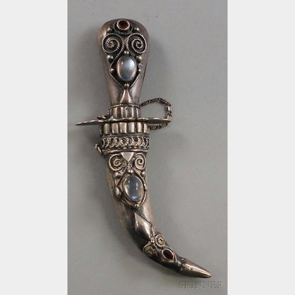 Sterling Silver and Moonstone Dagger Brooch