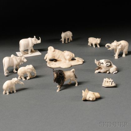 Twelve Miniature Ivory and Bone Carvings