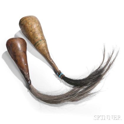 Two Hide Rattles with Horsehair Drops