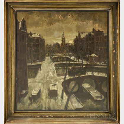 Emile Lambrechts (Belgian, 1886-1948) Bird's-eye View of Canals and Streets (Possibly Bruges)