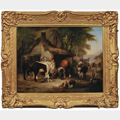 School of William Shayer (British, 1788-1879) Figures and Animals Before a Smithy
