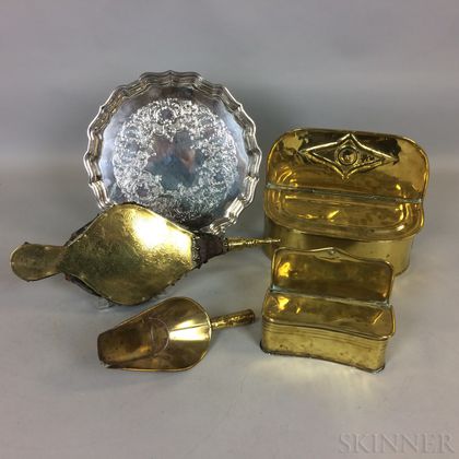 Two Brass Hanging Wall Boxes, a Scoop, a Pair of Bellows, and a Silver-plated Tray. Estimate $150-250