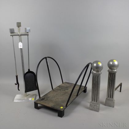 Stanton Mid-Century Modern Aluminum Andirons, Unmarked Tools and Log Caddy. Estimate $20-200