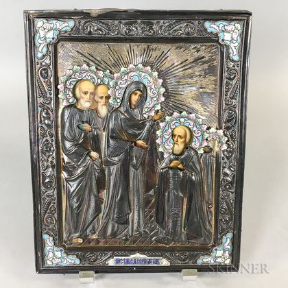 Russian Enameled Silver Riza on Later Icon