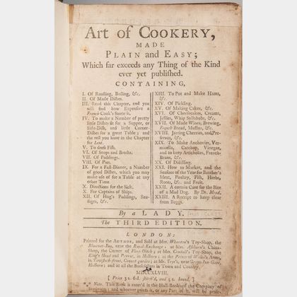 Glasse, Hannah (1708-1770) The Art of Cookery, Made Plain and Easy.
