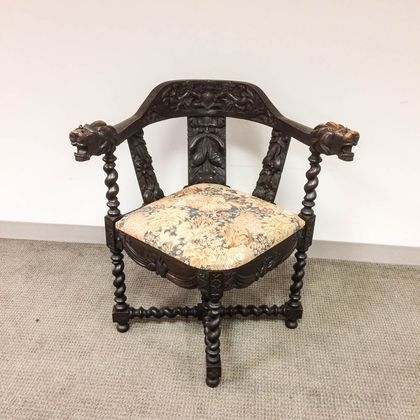 Continental Ornately Carved Oak Corner Chair