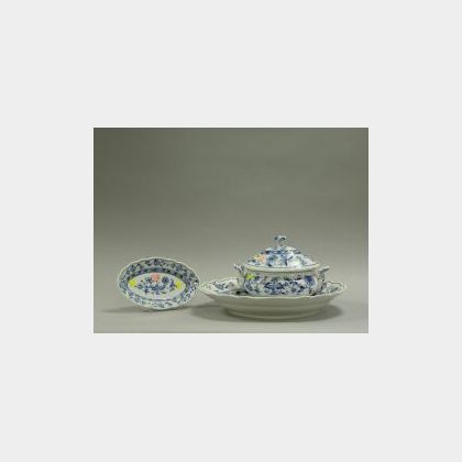 Meissen Blue Onion Pattern Porcelain Charger, Covered Tureen and Small Platter. 