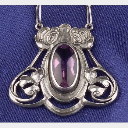 Arts & Crafts Sterling Silver and Amethyst Pendant Necklace, Kalo