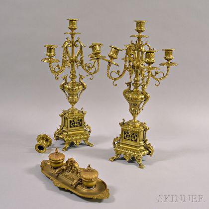 Pair of Brass Five-light Candelabra and a Brass Inkstand