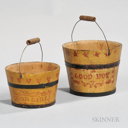 Yellow- and Red-painted "Good Boy" and "Good Girl" Pails