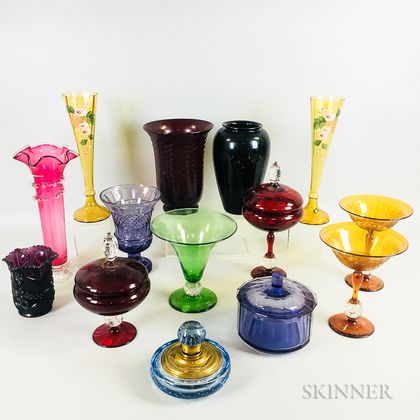 Fourteen Pieces of Colored Glass Tableware