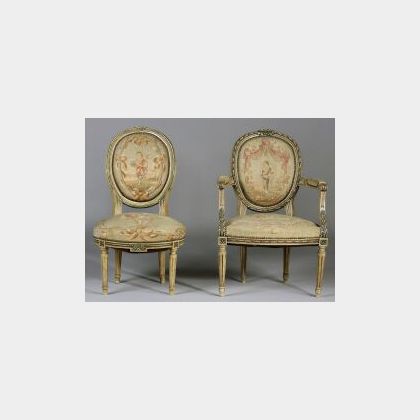 Louis XVI Style Needlepoint Upholstered and Painted Armchair and Matching Side Chair