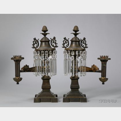 Pair of Empire Partial-gilt and Patinated Bronze Argand Table Lamps with Prisms