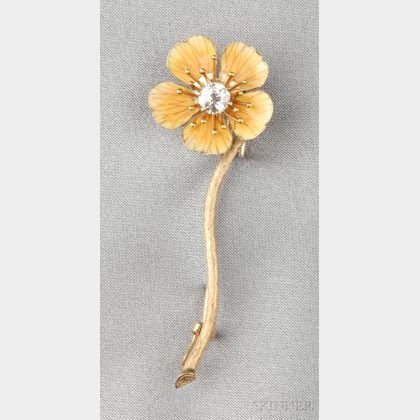 Antique 18kt Gold, Enamel, and Diamond Flower Brooch, Tiffany & Co.