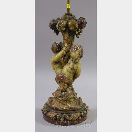 Continental Polychrome Painted Gesso and Carved Wooden Water Nymphs and Cornucopia Figural Group Table Lamp