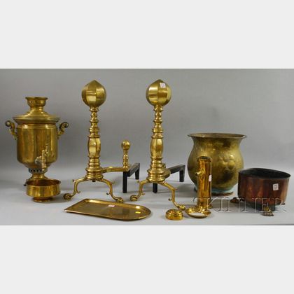 Brass Samovar, a Pair of Andirons, Jardiniere, and a Copper Jardiniere. 
