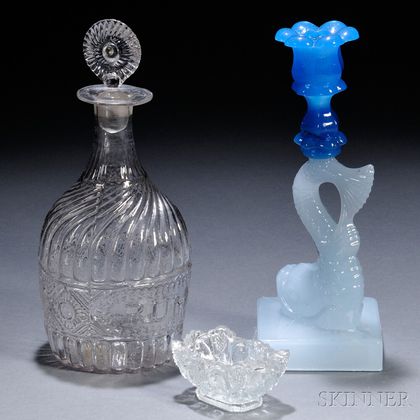 Early American Glass Rum Decanter, Dolphin Candlestick, and Lacy Glass Open Salt