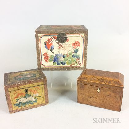 Two Chinese Paint-decorated Boxes and an Inlaid Burl Veneer Tea Caddy