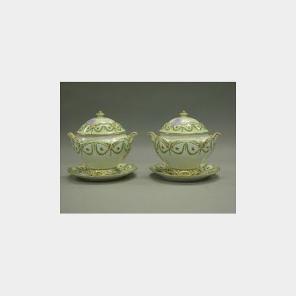 Pair of English Decorated Porcelain Lidded Sauce Tureens with Undertrays. 