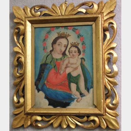 Framed Oil Retablo of the Madonna and Child. 