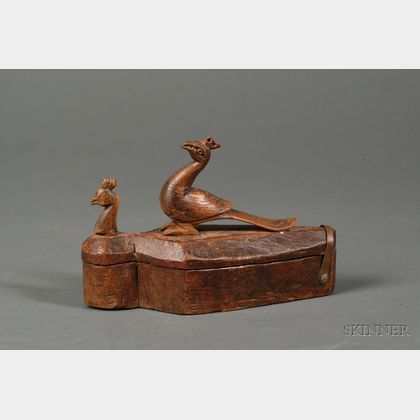 Small Carved Wooden Box with Pea Fowl Figures
