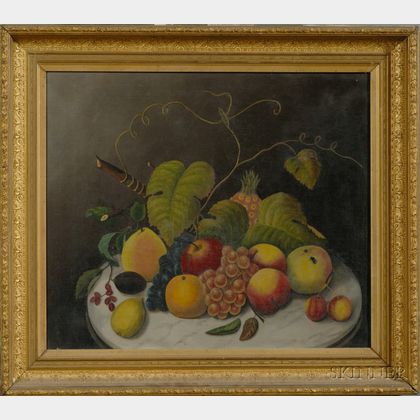 American School, 19th Century Still Life with Fruit and Grape Vine on a Marble-top Table.