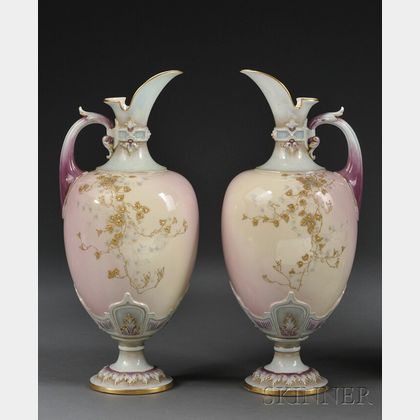 Pair of Royal Worcester Porcelain Prismatic Enameled Ewers