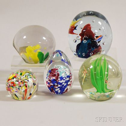 Five 20th Century Art Glass Paperweights