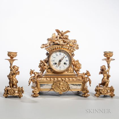 Louis XVI-style Three-piece Gilt-bronze Clock Garniture