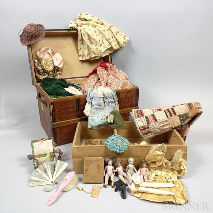 Lithographed Wood Doll's Trunk and Doll Accessories