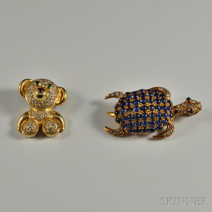 18kt Gold Gem-set Bear Pendant and a 14kt Gem-set Turtle Brooch