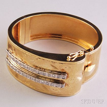 Wide 14kt Gold and Diamond Hinged Bangle Bracelet