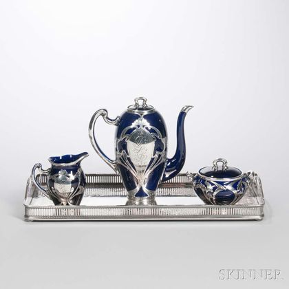 Three-piece Lenox Cobalt and Silver Overlay Ceramic Tea Set and a Silver-plated Tray