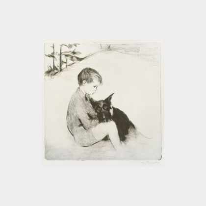 Lot of Two Dog Images: Margery Ryerson (American, b. 1886),A Dog and His Boy, etching; American School, 20th Century, Ay-Jay-Bee Books