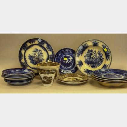 Fourteen Pieces of English Flow Blue Tableware and Four Pieces of Mulberry Decorated Tableware