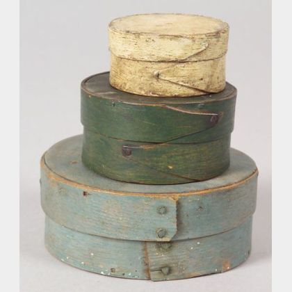 Three Small Painted Round Covered Wooden Boxes