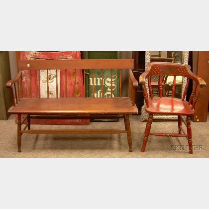 Red-painted and Stencil Decorated Windsor Firehouse Armchair and a Windsor Maple and Pine Spindle-back Bench