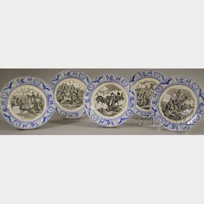 Set of Five French Napoleonic Scenic Transfer-decorated Ceramic Plates