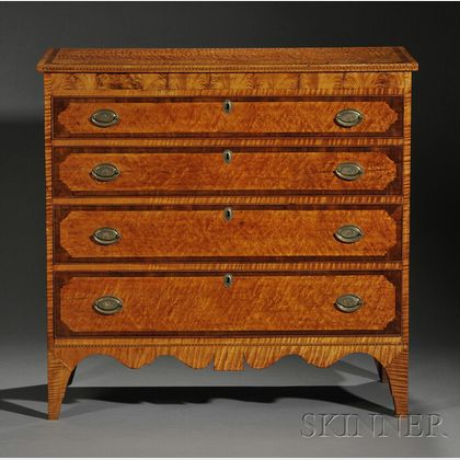 Rare and Important Federal Tiger Maple and Mahogany, Flame Birch and Bird's-eye Maple Veneer Inlaid Bureau