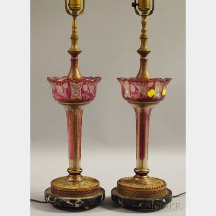 Pair of Bohemian Gilt Pale Amethyst Flash and Colorless Cut Glass Garniture/Table Lamps